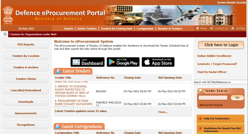 eProcurement System of Ministry of Defence enables the Tenderers